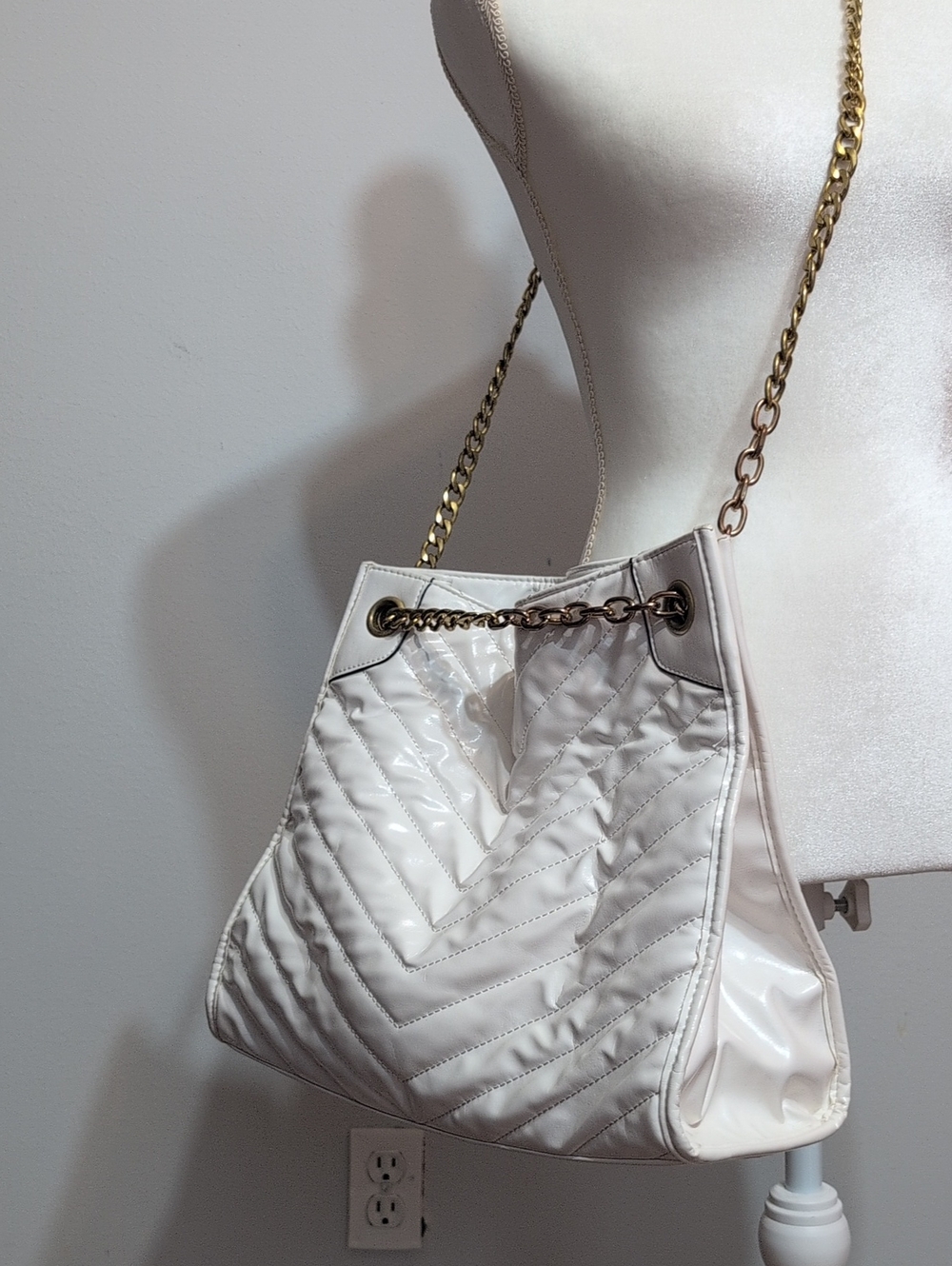 Sondra Roberts Quilted Cream Shoulder Tote with Gold Chain